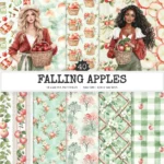 Falling Apples Seamless Patterns, Cozy autumn JPEG, Apples pattern, Pie, Leaves, Apple Gingham repeating pattern, Digital scrapbook paper