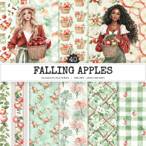 Falling Apples Seamless Patterns, Cozy autumn JPEG, Apples pattern, Pie, Leaves, Apple Gingham repeating pattern, Digital scrapbook paper