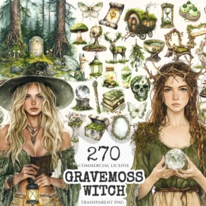Gravemoss Witch Watercolor Clipart Set - 265+ transparent PNG, Mystic forest graphics, Witchy fantasy art, Commercial use, Digital download