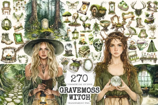 Gravemoss Witch Watercolor Clipart Set - 265+ transparent PNG, Mystic forest graphics, Witchy fantasy art, Commercial use, Digital download