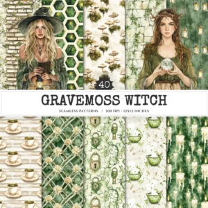 Gravemoss Witch Seamless Patterns, Mystical forest JPEG, Cauldron pattern, Grave, Moss and fern repeating pattern, Digital scrapbook paper