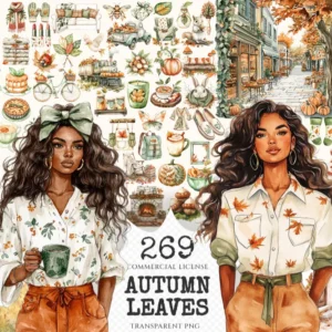 Autumn Leaves Watercolor Clipart Set - 265+ transparent PNG, Autumn pumpkins graphics, Leafy foliage art, Commercial use, Digital download