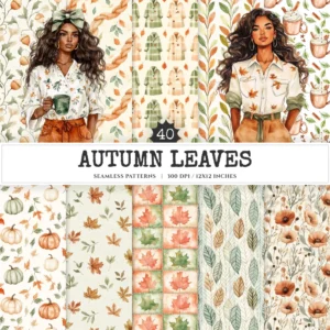 Autumn Leaves Seamless Patterns, Cozy autumn JPEG, Falling leaves pattern, Pumpkins, Foliage repeating pattern, Digital scrapbook paper