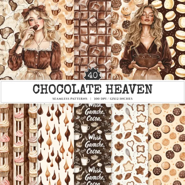 Chocolate Heaven Seamless Patterns, Chocolate Delights JPEG, Sweets pattern, Cupcake, Pastries repeating pattern, Digital scrapbook paper