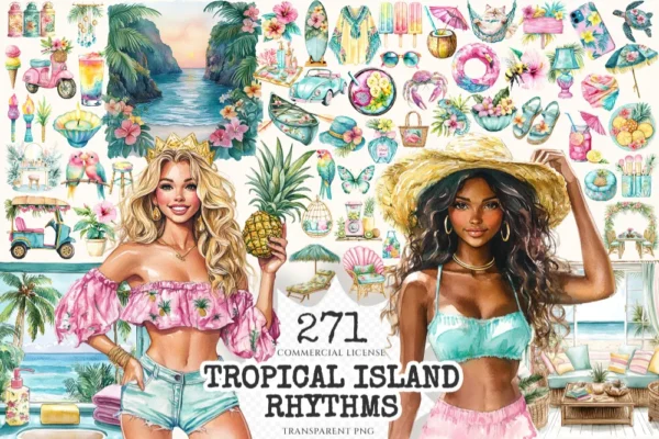 Tropical Island Rhythms Watercolor Clipart Set - 268+ transparent PNG, Seaside graphics, Tropical summer, Commercial use, Digital download