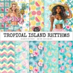 Tropical Island Rhythms Seamless Patterns, Seaside JPEG, Hibiscus pattern, Coconut, Tropical beach repeating pattern,Digital scrapbook paper