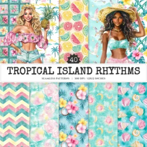 Tropical Island Rhythms Seamless Patterns, Seaside JPEG, Hibiscus pattern, Coconut, Tropical beach repeating pattern,Digital scrapbook paper
