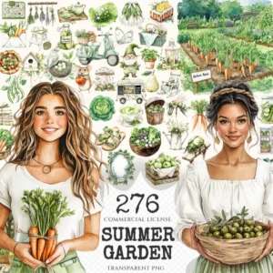 Summer Garden Watercolor Clipart Set - 272+ transparent PNG, Summer veggie graphics, Cottagecore garden art, Commercial use,Digital download