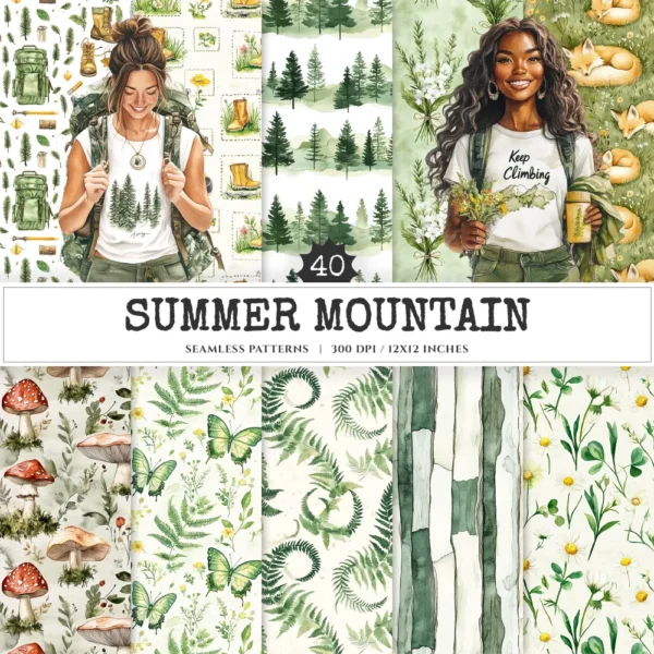 Summer Mountain Seamless Patterns, Mountain flowers JPEG, Pine forest pattern, Meadow, Alpine repeating pattern, Digital scrapbook paper