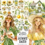 Sunny Days Watercolor Clipart Set - 261+ transparent PNG, Summer blossoms illustration, Sunflower field png, Commercial use,Digital download