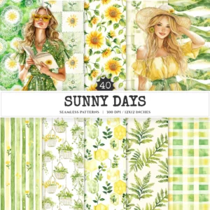 Sunny Days Seamless Patterns, Sunflower summer JPEG, Gingham pattern, Floral summer, Cozy summer repeating pattern, Digital scrapbook paper