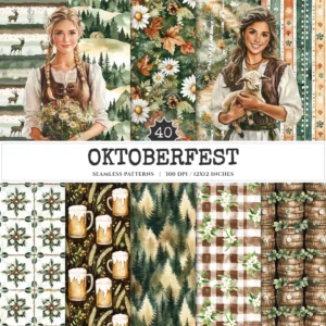 Oktoberfest Seamless Patterns, Cozy autumn JPEG, Bavarian pattern, Leaves, Pumpkin, Alpine tree repeating pattern, Digital scrapbook paper