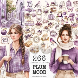 Plum Mood Watercolor Clipart Set - 261+ transparent PNG, Retro fall city illustration, Floral graphics, Commercial use, Digital download