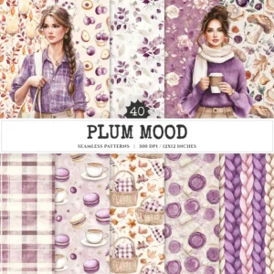 Plum Mood Seamless Patterns, Cozy autumn JPEG, Mushroom pattern, Floral, Plaid, Autumn leaves repeating pattern, Digital scrapbook paper
