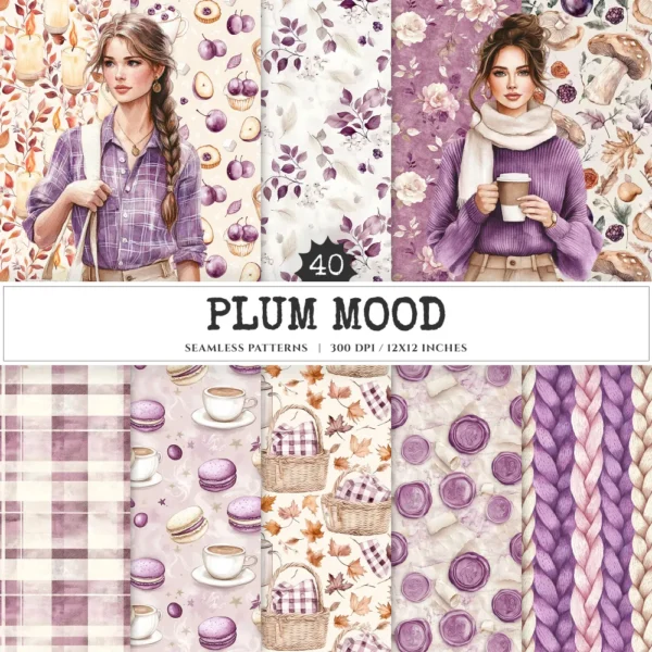 Plum Mood Seamless Patterns, Cozy autumn JPEG, Mushroom pattern, Floral, Plaid, Autumn leaves repeating pattern, Digital scrapbook paper