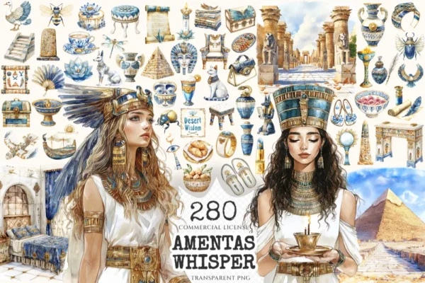 Amentas Whisper Watercolor Clipart Set - 275+ transparent PNG, Ancient egypt illustrations, Pharaohs art, Commercial use, Digital download