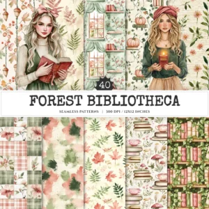 Forest Bibliotheca Seamless Patterns, Autumn library JPEG, Book pattern, Reading, Falling leaves repeating pattern, Digital scrapbook paper