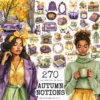 Autumn Notions Watercolor Clipart Set - 265+ transparent PNG, Artistic autumn graphics, Falling leaves art, Commercial use, Digital download