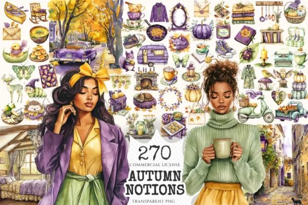 Autumn Notions Watercolor Clipart Set - 265+ transparent PNG, Artistic autumn graphics, Falling leaves art, Commercial use, Digital download