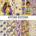 Autumn Notions Seamless Patterns, Artistic autumn JPEG, Pumpkin pattern, Floral, Autumn leaves repeating pattern, Digital scrapbook paper