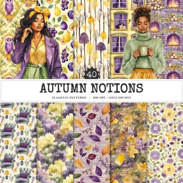 Autumn Notions Seamless Patterns, Artistic autumn JPEG, Pumpkin pattern, Floral, Autumn leaves repeating pattern, Digital scrapbook paper