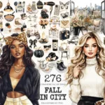 Fall in City Watercolor Clipart Set - 273+ transparent PNG, Fall fashion illustrations, Pumpkin season png, Commercial use, Digital download