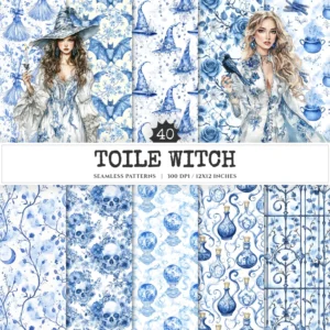 Toile Witch Seamless Patterns, Mystical halloween JPEG, Skull pattern, Potion bottle, Celestial repeating pattern, Digital scrapbook paper