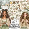Festive Farmhouse Watercolor Clipart Set - 273+ transparent PNG, Cozy christmas graphics, Holiday cabin art, Commercial use,Digital download