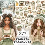 Festive Farmhouse Watercolor Clipart Set - 273+ transparent PNG, Cozy christmas graphics, Holiday cabin art, Commercial use,Digital download