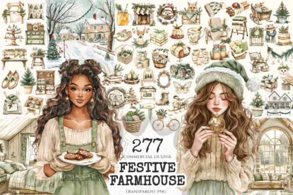 Festive Farmhouse Watercolor Clipart Set - 273+ transparent PNG, Cozy christmas graphics, Holiday cabin art, Commercial use,Digital download