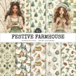 Festive Farmhouse Seamless Patterns, Farmhouse festive JPEG, Snowmen pattern, Plaid, Ornaments repeating pattern, Digital scrapbook paper