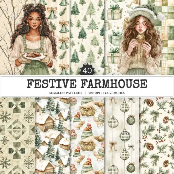 Festive Farmhouse Seamless Patterns, Farmhouse festive JPEG, Snowmen pattern, Plaid, Ornaments repeating pattern, Digital scrapbook paper