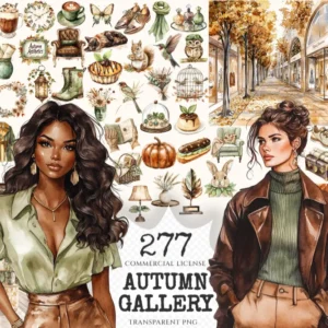 Autumn Gallery Watercolor Clipart Set - 272+ transparent PNG, Fall fashion graphics, Autumn museum images, Commercial use, Digital download