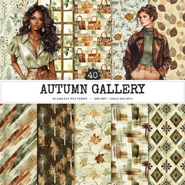 Autumn Gallery Seamless Patterns, Chic fall JPEG, Botanical pattern, Pumpkin, Falling leaves repeating pattern, Digital scrapbook paper