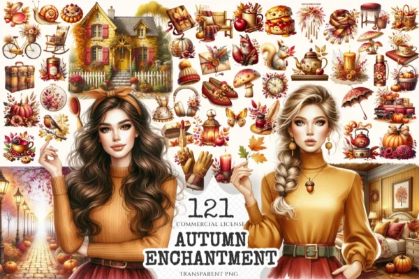 Autumn Enchantment Clipart Set - 120+ transparent PNG, Cozy autumn illustrations, Cottagecore fall images, Commercial use, Digital download