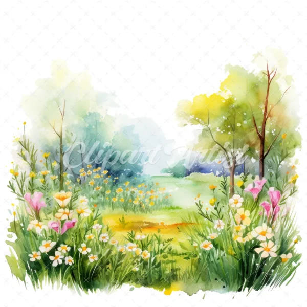 19 High-Quality Spring Meadows Clipart - Spring meadows digital watercolor JPG instant download for commercial use - Digital download