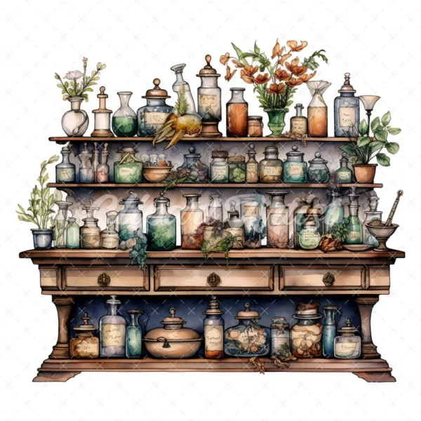 20 High-Quality Apothecary Cabinets Clipart - Apothecary digital watercolor JPG instant download for commercial use - Digital download