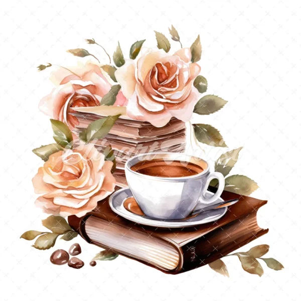 20 High-Quality Floral Coffee Books Clipart - Coffee books digital watercolor JPG instant download for commercial use - Digital download