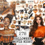 Halloween Movie Night Watercolor Clipart Set - 275+ transparent PNG, Hallows eve graphics, Spooky night art, Commercial use,Digital download