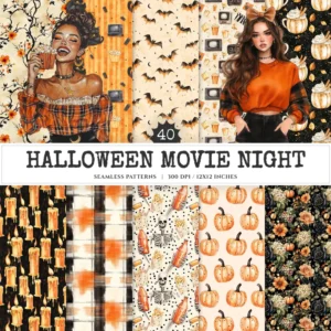 Halloween Movie Night Seamless Patterns, Spooky night JPEG, Popcorn pattern, Pumpkin, Skeleton repeating pattern, Digital scrapbook paper