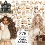 Cozy Haunt Watercolor Clipart Set - 275+ transparent PNG, Ghostly autumn illustrations, Halloween clipart, Commercial use, Digital download