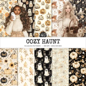 Cozy Haunt Seamless Patterns, Spooky autumn JPEG, Ghosts pattern, Witch hat, Bones, Pumpkin repeating pattern, Digital scrapbook paper