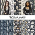 Gothic Diary Seamless Patterns, Gothic halloween JPEG, Skull sigils pattern, Rose, Floral, Haunted repeating pattern,Digital scrapbook paper