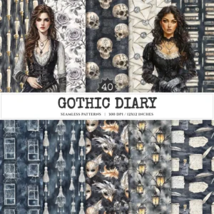 Gothic Diary Seamless Patterns, Gothic halloween JPEG, Skull sigils pattern, Rose, Floral, Haunted repeating pattern,Digital scrapbook paper
