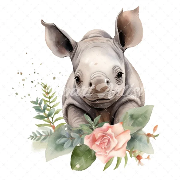 20 High-Quality Baby Rhino Clipart - Baby rhino digital watercolor JPG instant download for commercial use - Digital download