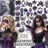 Haunted Masquerade Watercolor Clipart Set - 230+ transparent PNG, Spooky halloween graphics, Gothic images, Commercial use, Digital download