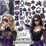 Haunted Masquerade Watercolor Clipart Set - 230+ transparent PNG, Spooky halloween graphics, Gothic images, Commercial use, Digital download