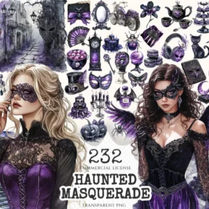 Haunted Masquerade Watercolor Clipart Set - 230+ transparent PNG, Spooky halloween graphics, Gothic images, Commercial use, Digital download