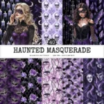Haunted Masquerade Seamless Patterns, Spooky halloween JPEG, Gothic rose pattern, Raven, Skulls repeating pattern, Digital scrapbook paper