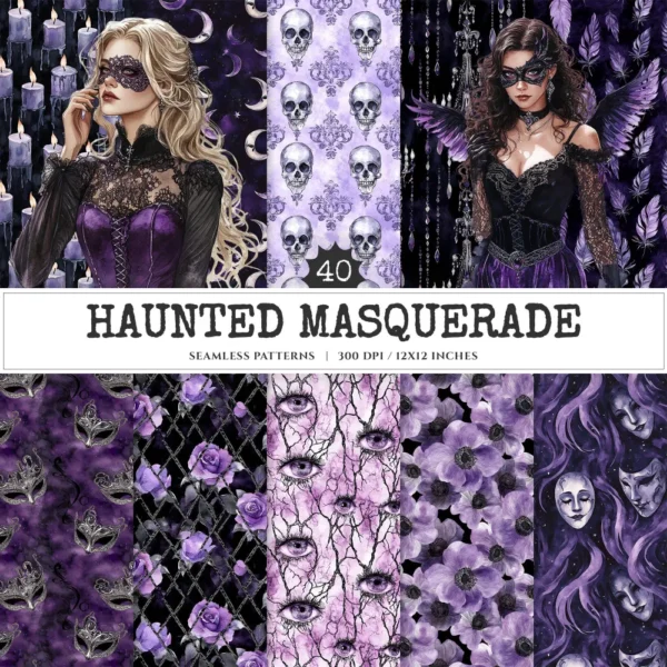 Haunted Masquerade Seamless Patterns, Spooky halloween JPEG, Gothic rose pattern, Raven, Skulls repeating pattern, Digital scrapbook paper